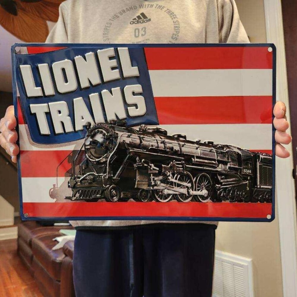 Brand New Ande Rooney Lionel Trains Engine & Flag Heavily Embossed Tin Sign